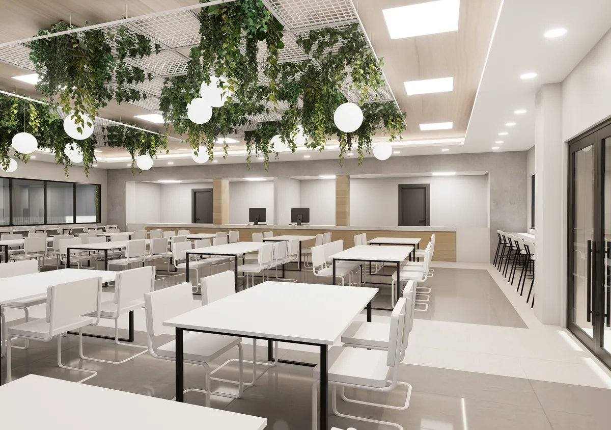 Interior propuesto del comedor de la FCA: mesas blancas, un jardín colgante y lámparas redondas, listo para abrir