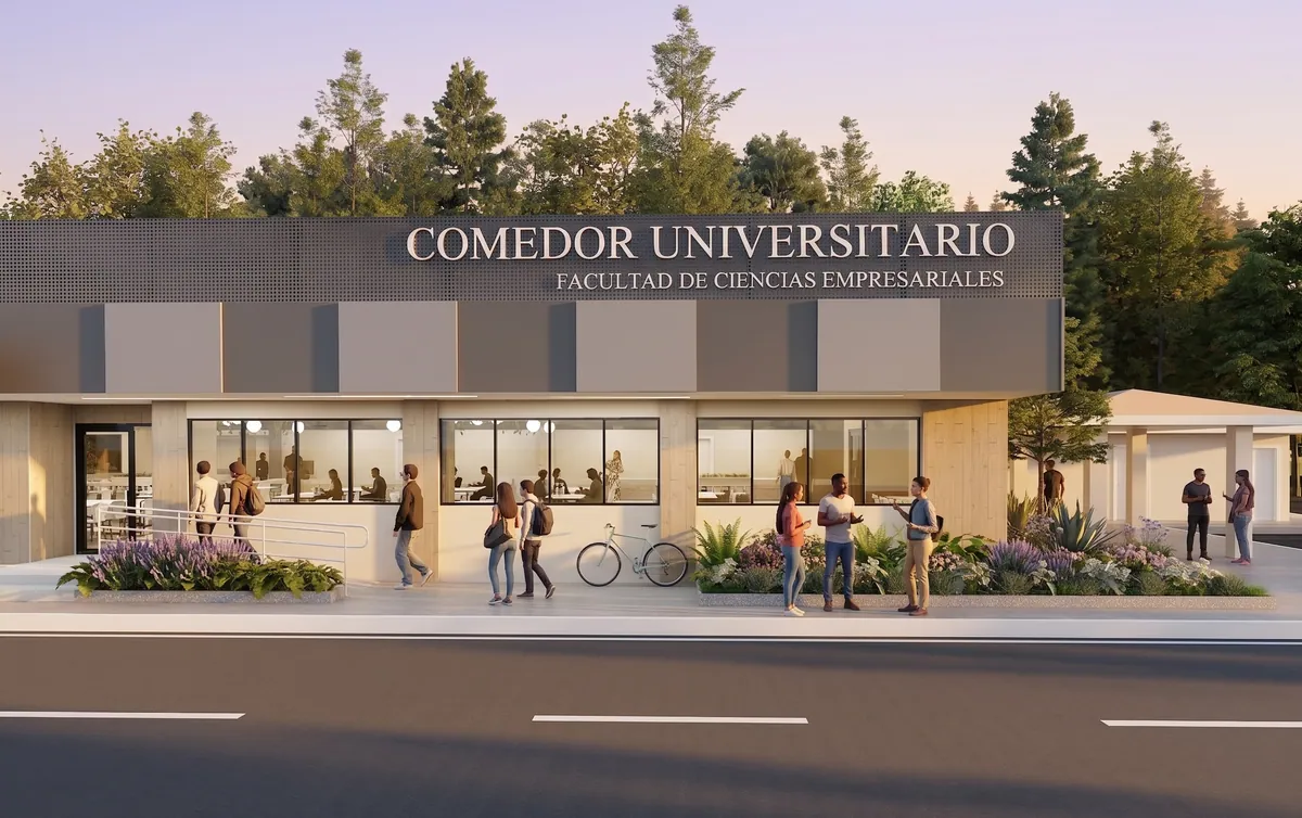 Entrada del comedor de la FCE con jardineras y estudiantes que llegan a pie y en bicicleta
