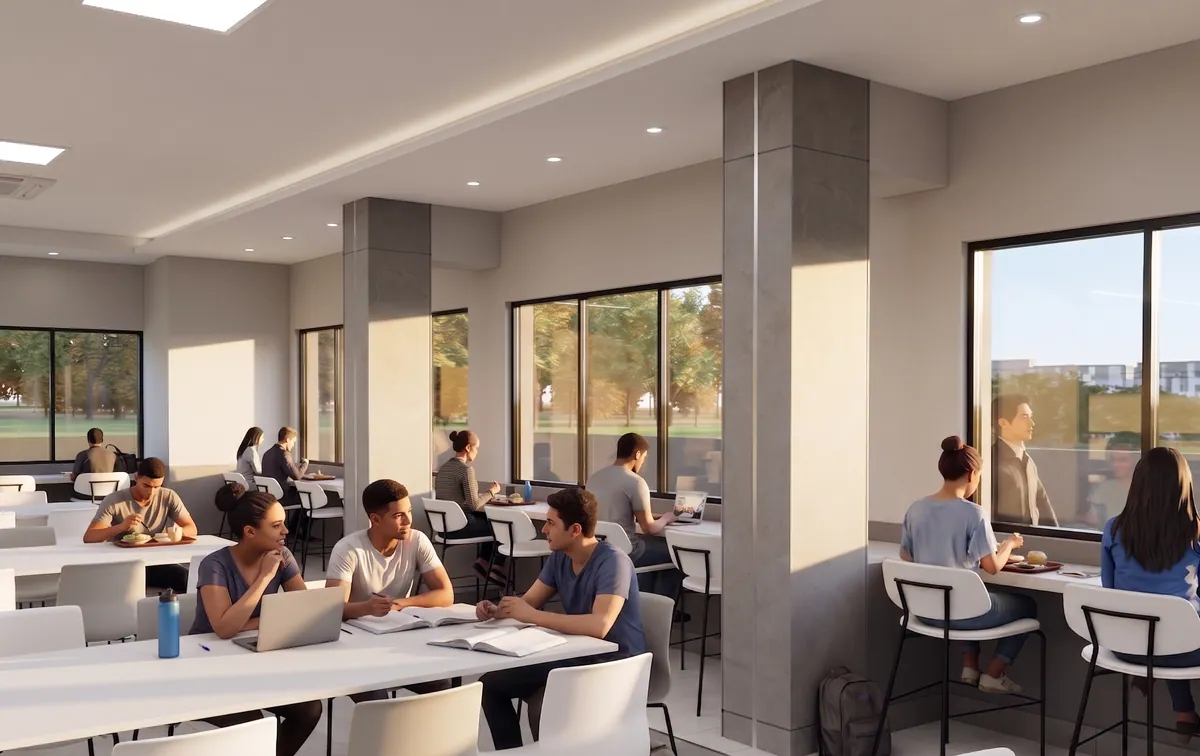 Estudiantes comiendo y estudiando en mesas junto a los ventanales, entre columnas revestidas