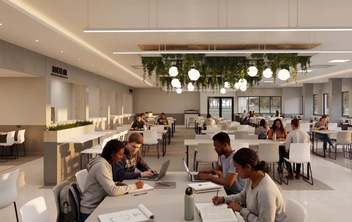 Salón principal con jardín colgante, lámparas redondas y estudiantes en mesas largas