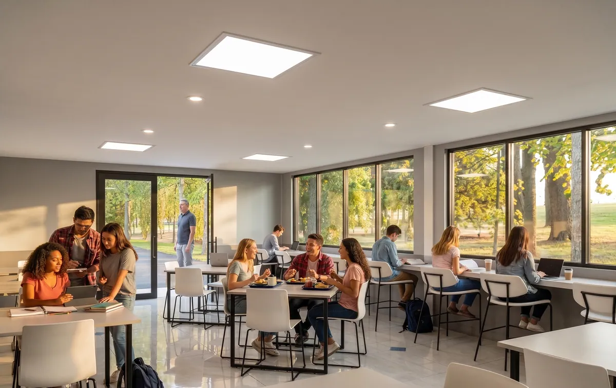 Estudiantes almorzando en un salón luminoso con ventanales hacia los árboles