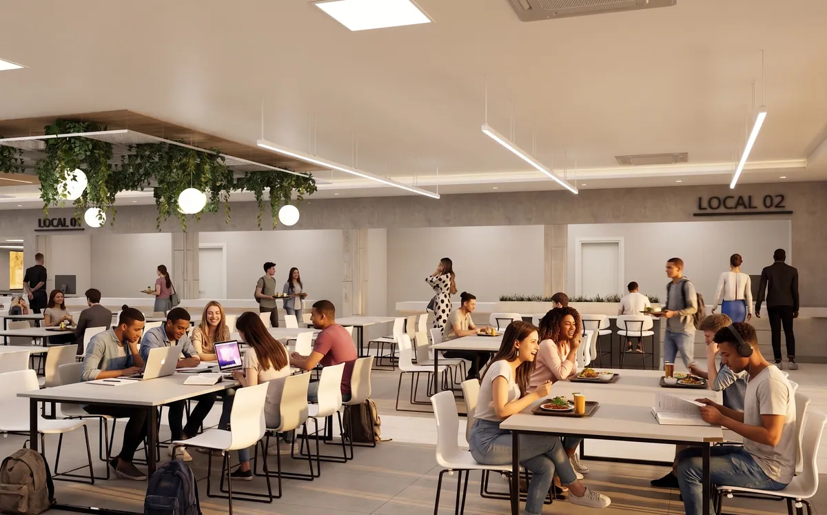 Patio de comidas con locales numerados al fondo y estudiantes en mesas compartidas